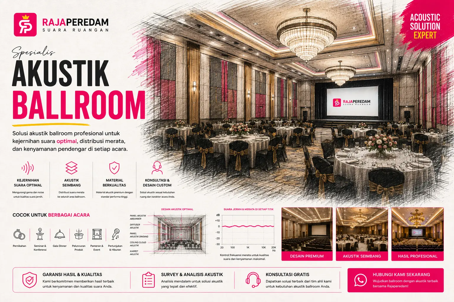 Jasa peredam dan akustik ballroom hotel Raja Peredam Suara Ruangan, pemasangan sekat partisi kedap suara dan panel akustik pada ballroom