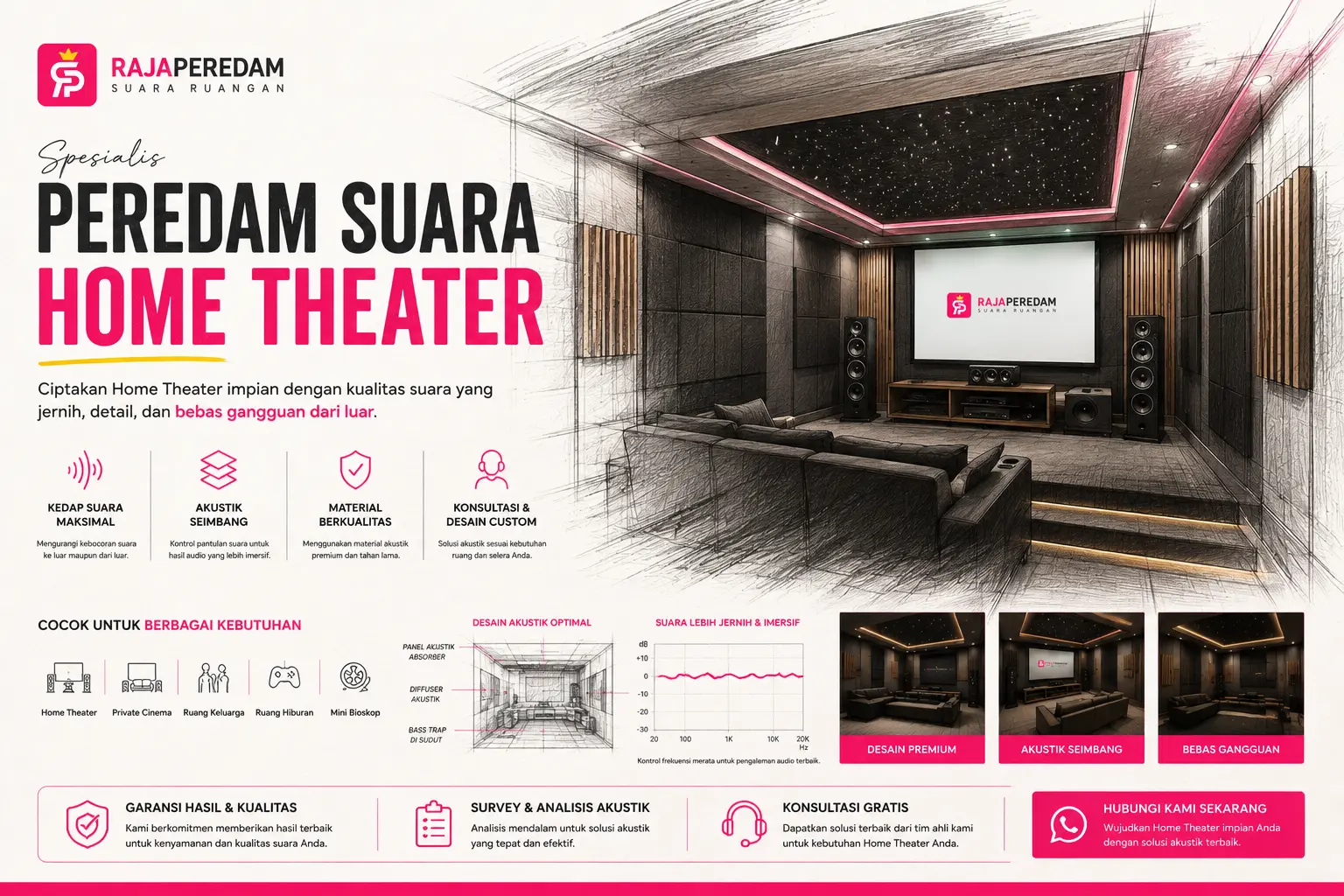 Instalasi peredam suara home theater dengan panel akustik dinding dan langit-langit oleh Rajaperedam Suara Ruangan