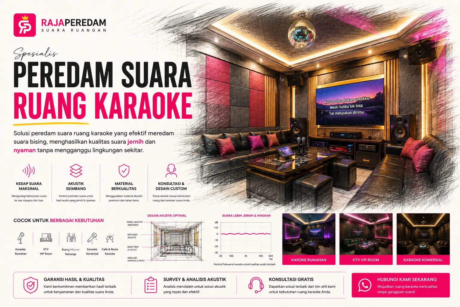 Konstruksi peredam suara ruang karaoke dengan panel dinding akustik dan pintu isolasi ganda oleh Rajaperedam Suara Ruangan