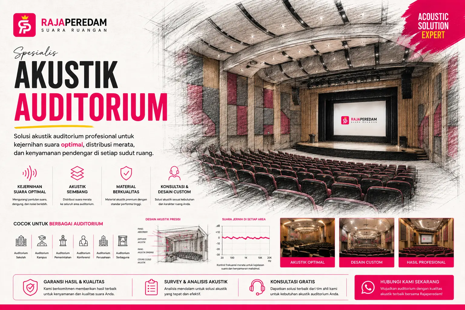 Spesialis kontraktor akustik auditorium Raja Peredam Suara Ruangan, instalasi panel akustik dan bass trap pada dinding auditorium untuk kejernihan suara pidato dan musik
